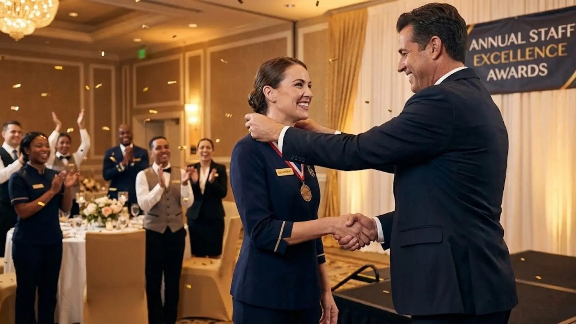A happy hotel employee receiving a custom medal from a manager at a recognition event.