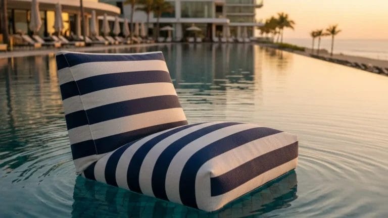 Luxury striped armchair pool float in a five-star resort infinity pool.