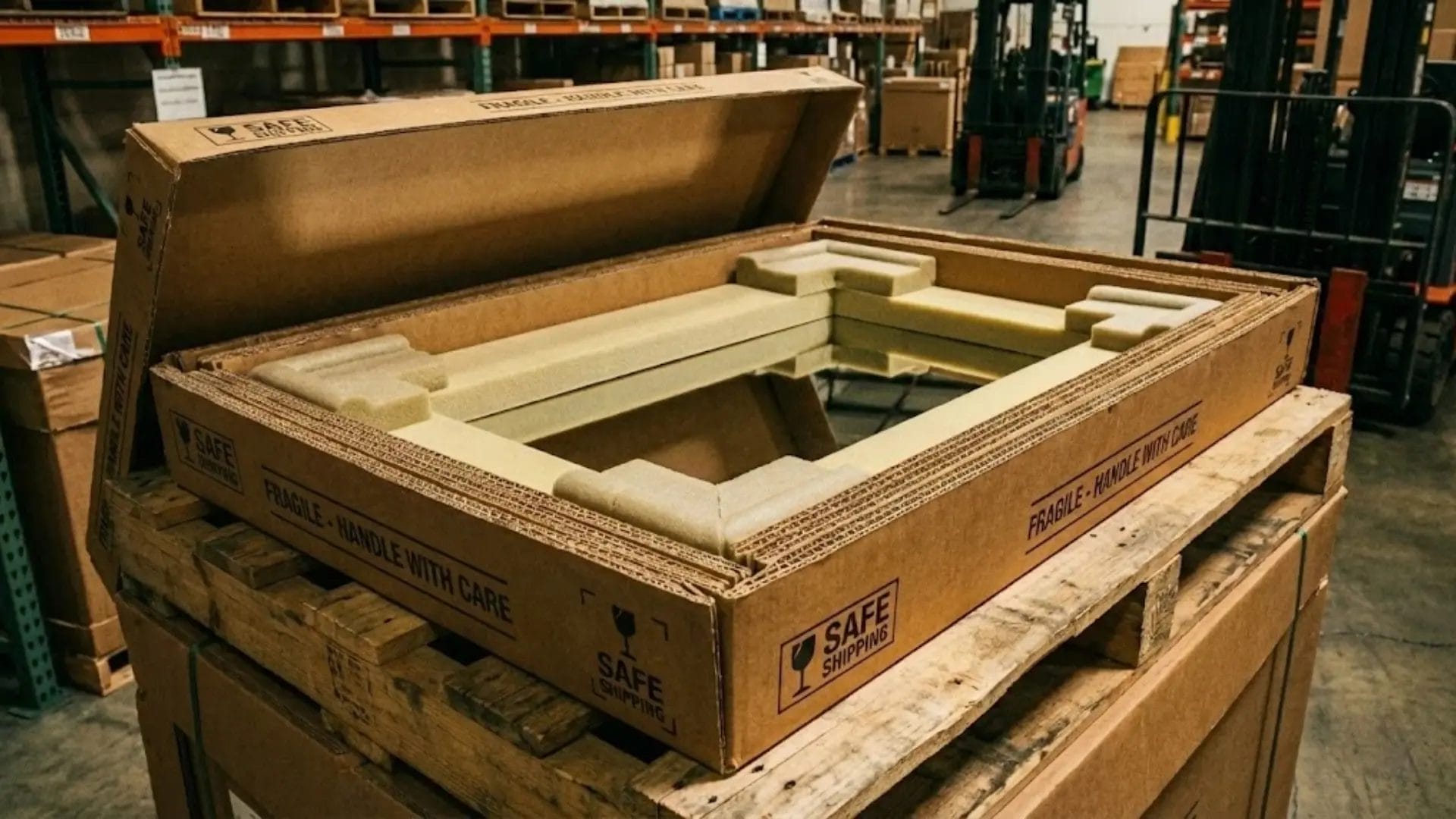 Reinforced honeycomb cardboard packaging for safe international shipping of LED mirrors.