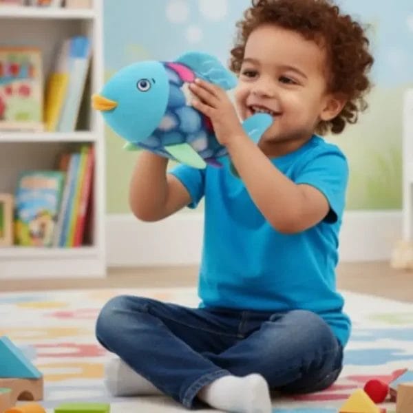 Children sharing rainbow fish plush toy