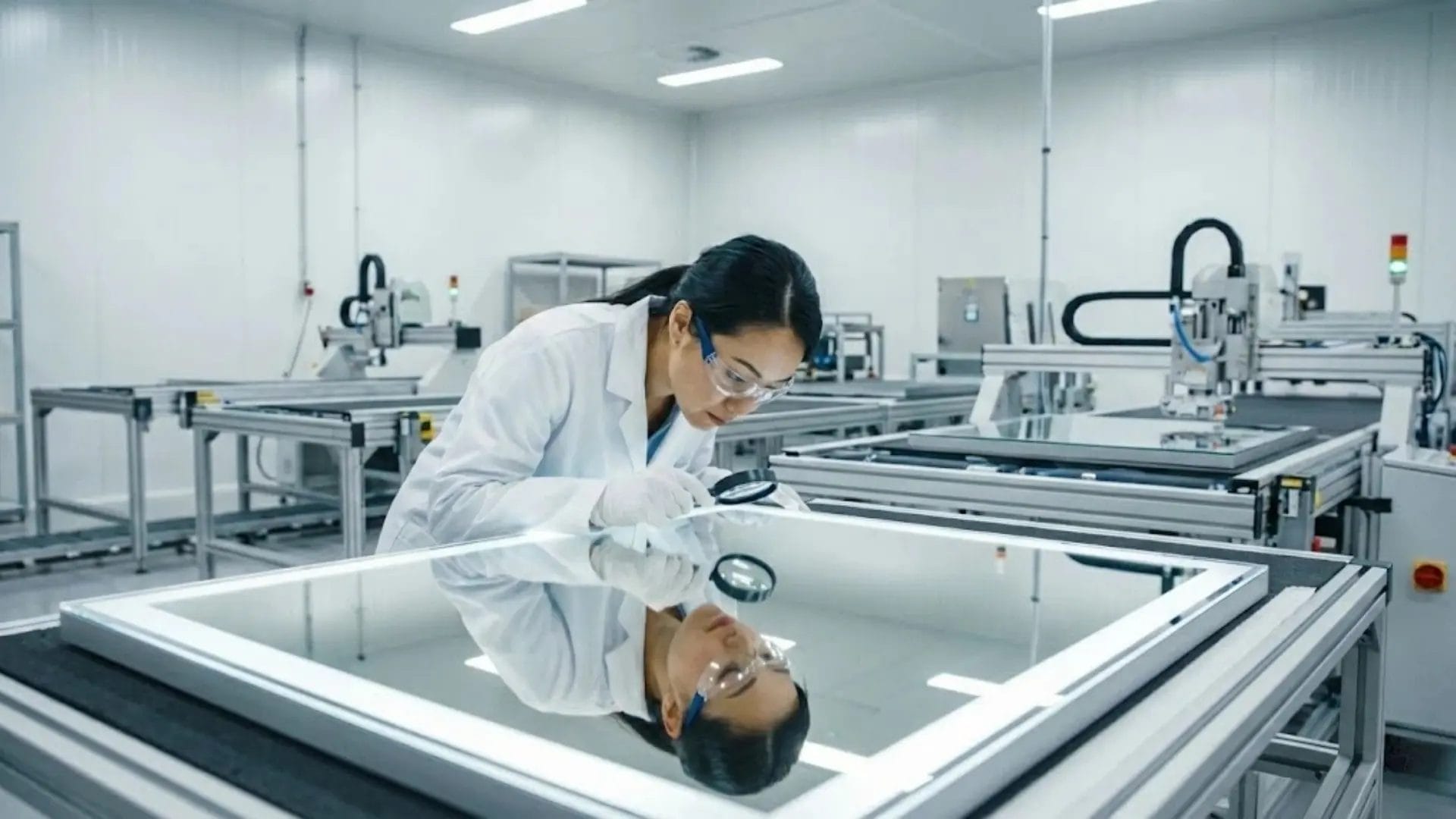 Quality control inspector checking 5mm copper-free silver mirror glass at the factory.