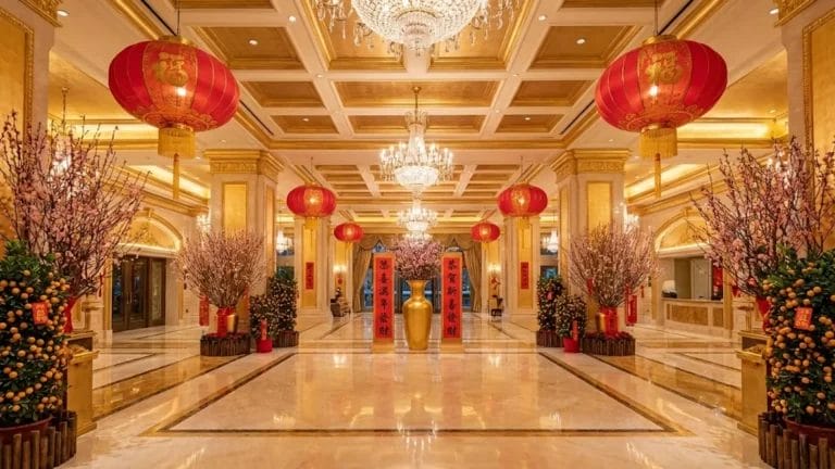 Opulent luxury hotel lobby featuring high ceilings and warm lighting, decorated with hanging traditional red silk lanterns for Chinese New Year, showcasing a grand and spacious festive atmosphere.