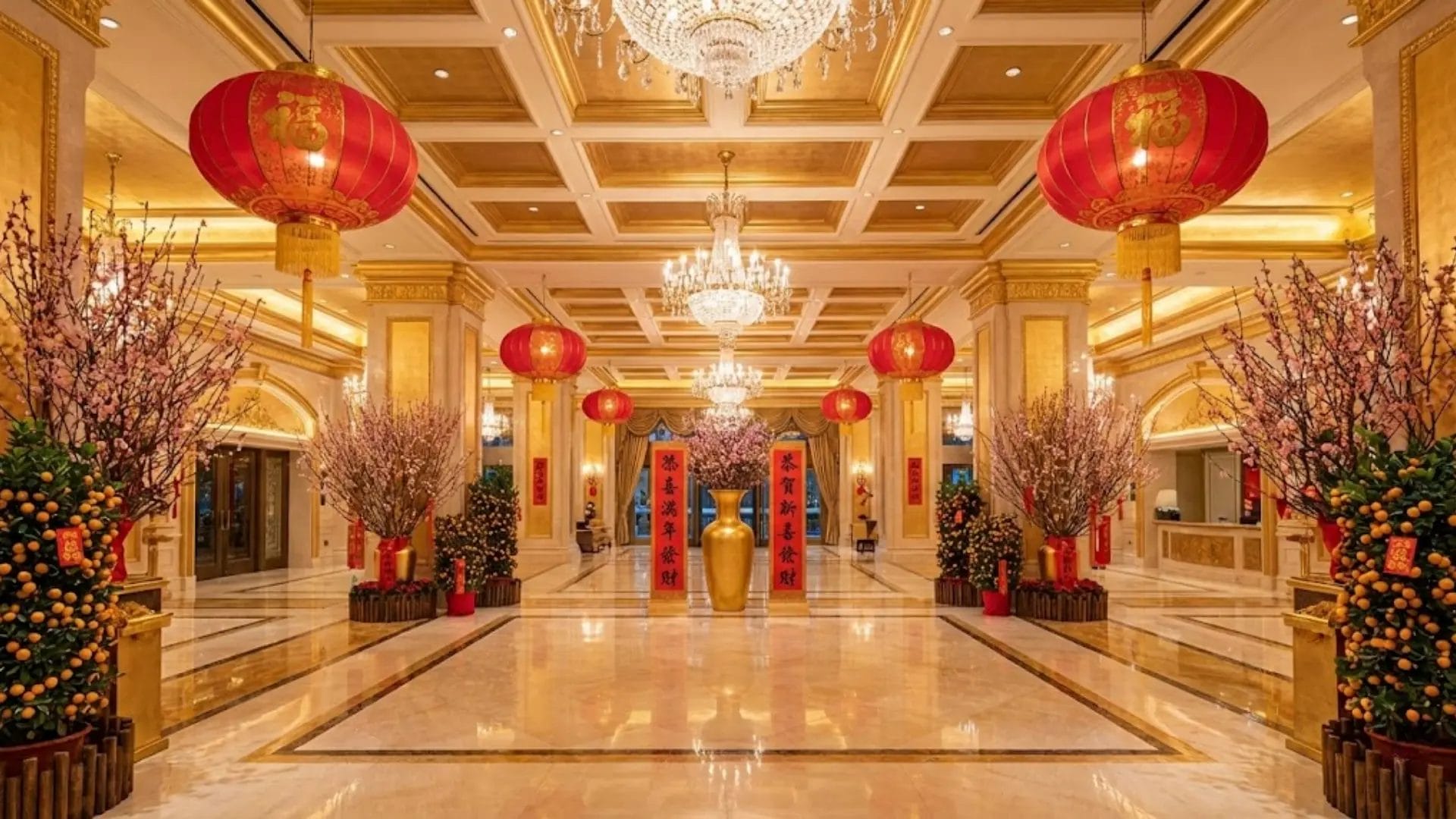 Opulent luxury hotel lobby featuring high ceilings and warm lighting, decorated with hanging traditional red silk lanterns for Chinese New Year, showcasing a grand and spacious festive atmosphere.