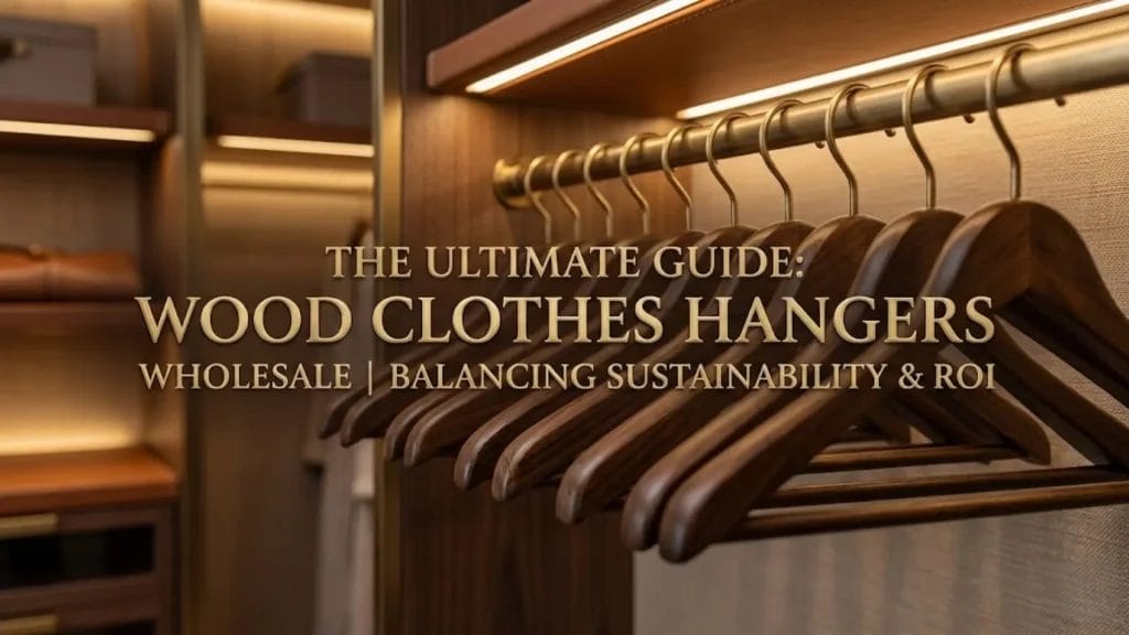 Cover image featuring premium wooden hangers in a luxury closet with gold text overlay reading: THE ULTIMATE GUIDE: WOOD CLOTHES HANGERS WHOLESALE