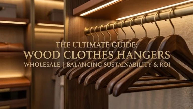 Cover image featuring premium wooden hangers in a luxury closet with gold text overlay reading: THE ULTIMATE GUIDE: WOOD CLOTHES HANGERS WHOLESALE