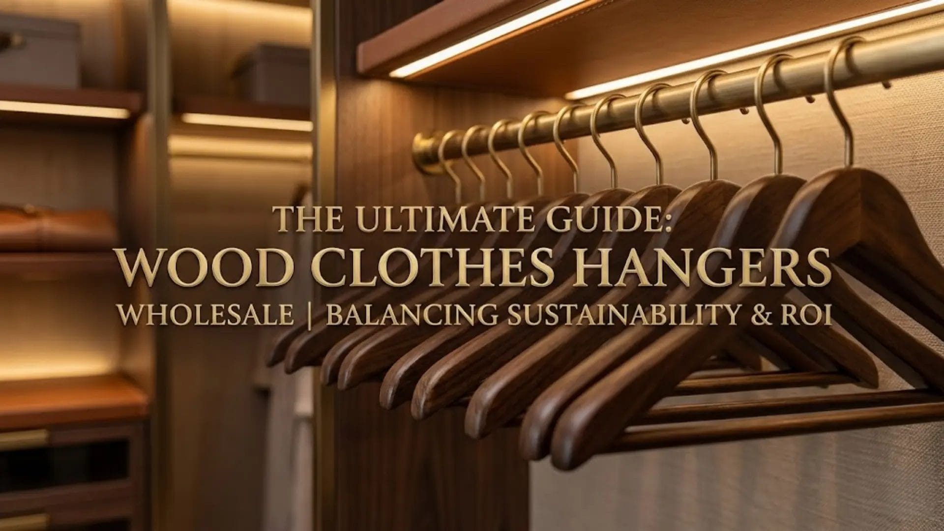 Cover image featuring premium wooden hangers in a luxury closet with gold text overlay reading: THE ULTIMATE GUIDE: WOOD CLOTHES HANGERS WHOLESALE