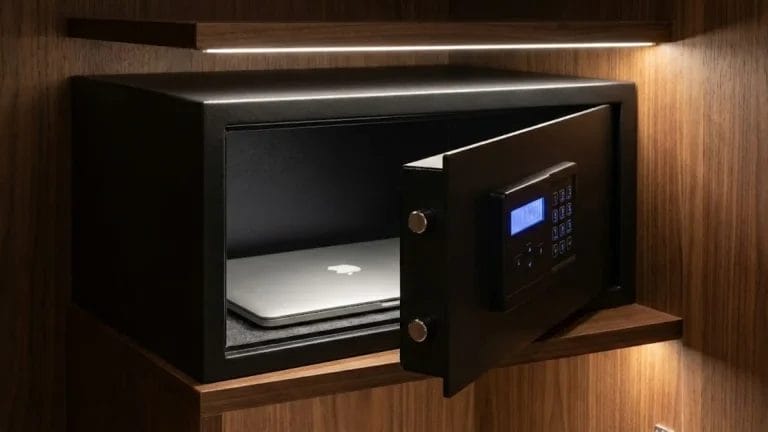 A slim black electronic hotel safe in a luxury wardrobe with a 17-inch laptop.