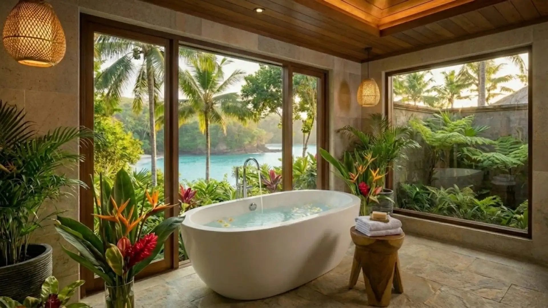 Freestanding stone resin bathtub in a luxury tropical resort bathroom with nature views, featuring biophilic design for high-end hotel renovations.