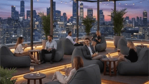 Serene resort pool area with outdoor bean bag loungers in background
