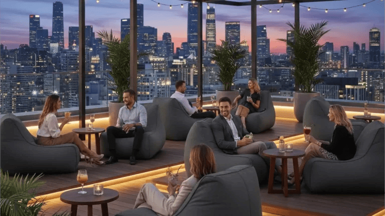 Serene resort pool area with outdoor bean bag loungers in background