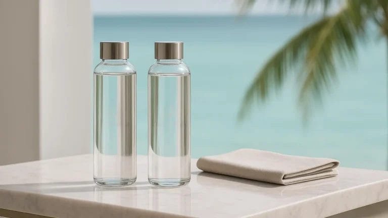Two custom glass water bottles with Maldives logo and leaf icon on a white marble table with a tropical beach background.