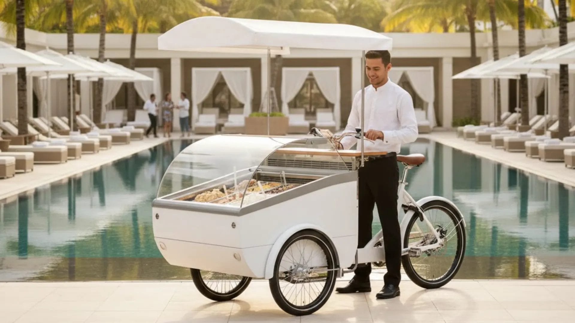 Portable ice cream bike stationed at a luxury resort pool deck to capture instant guest revenue.