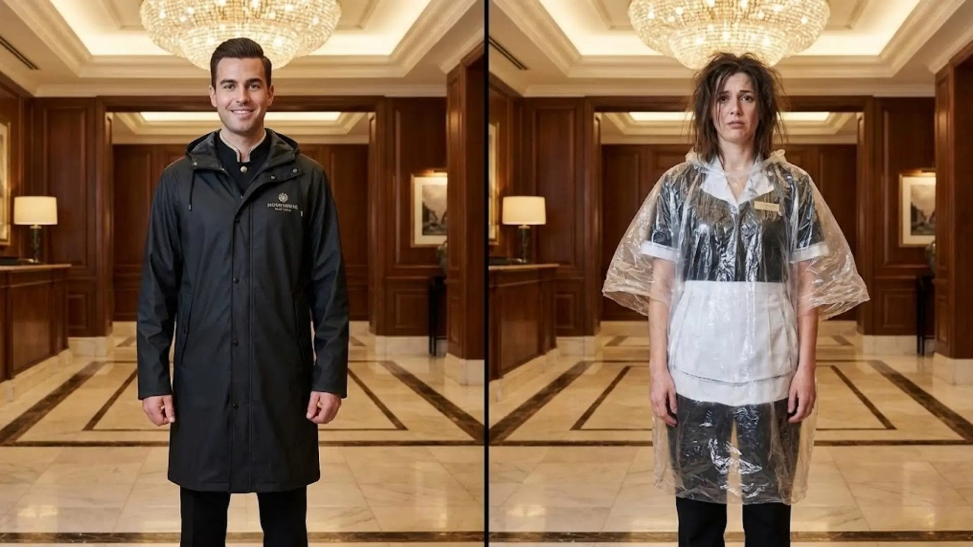 Hotel staff member wearing a professional waterproof jacket raincoat next to one wearing a cheap disposable poncho
