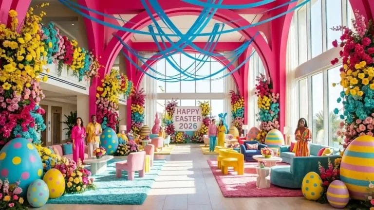 Luxury resort lobby decorated with colorful Dopamine Decor for Easter egg hunt ideas and events