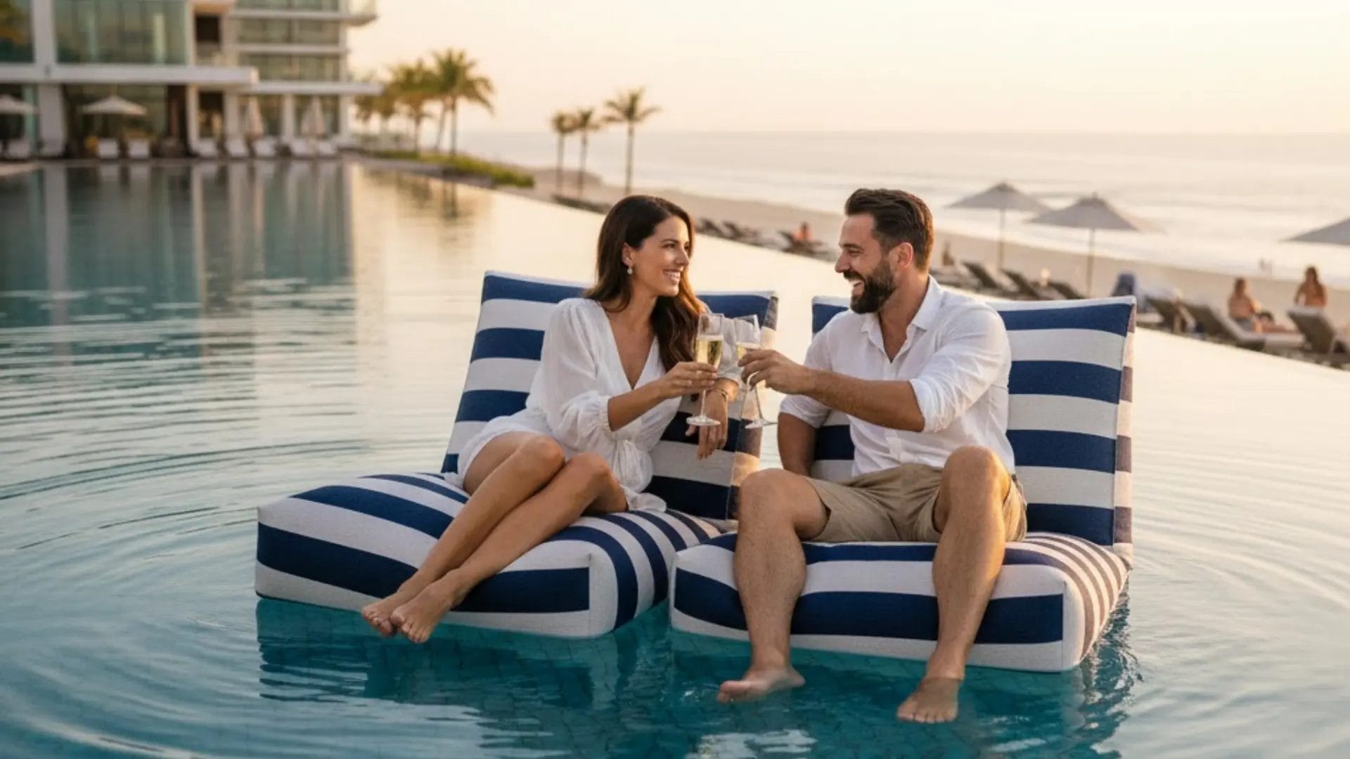 Hotel guests enjoying luxury armchair pool floats at beach club.