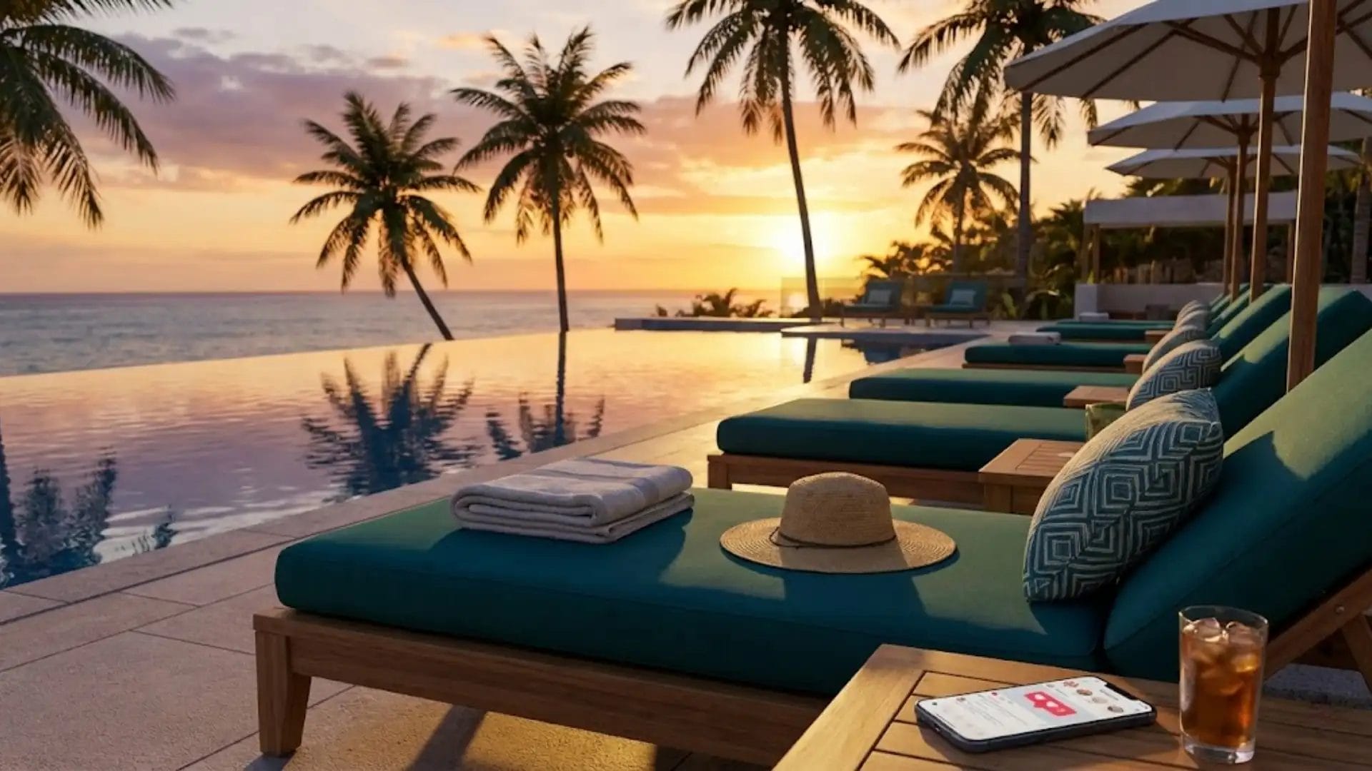 Photogenic resort pool terrace with Hotel FF&E trends 2026 outdoor cushions to boost Instagram tags.