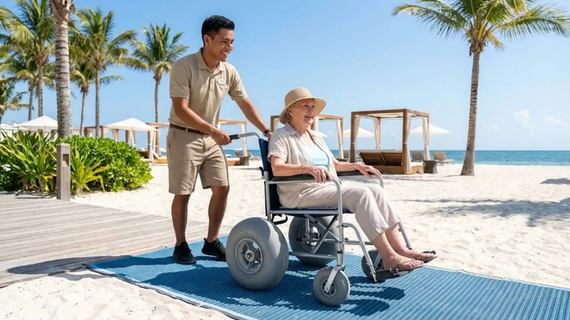 Resort staff member respectfully assisting a guest in a balloon tire beach wheelchair on an access mat.