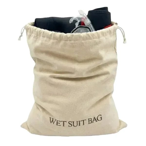 A 30x35cm drawstring wet suit bag filled with snorkeling accessories to demonstrate practical guest room usage.