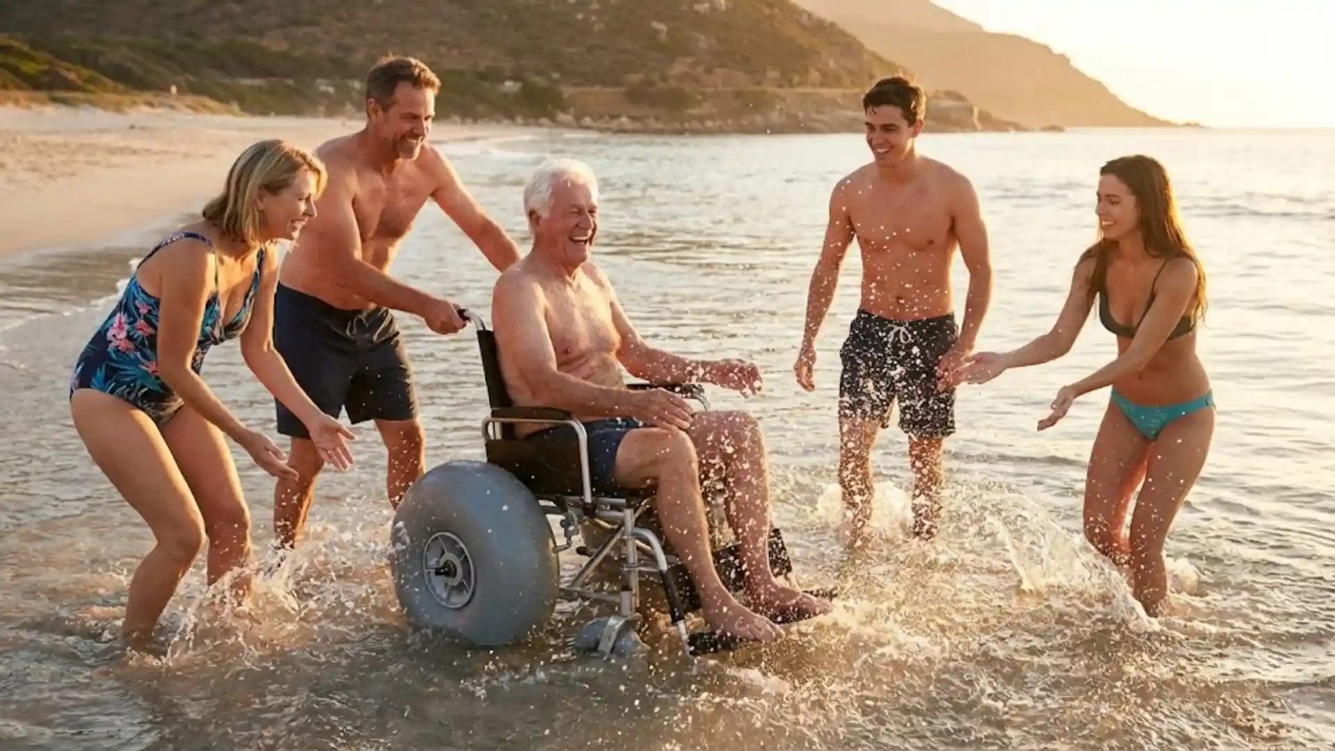 An older person laughing while splashing in the ocean from a beach wheelchair, surrounded by family.