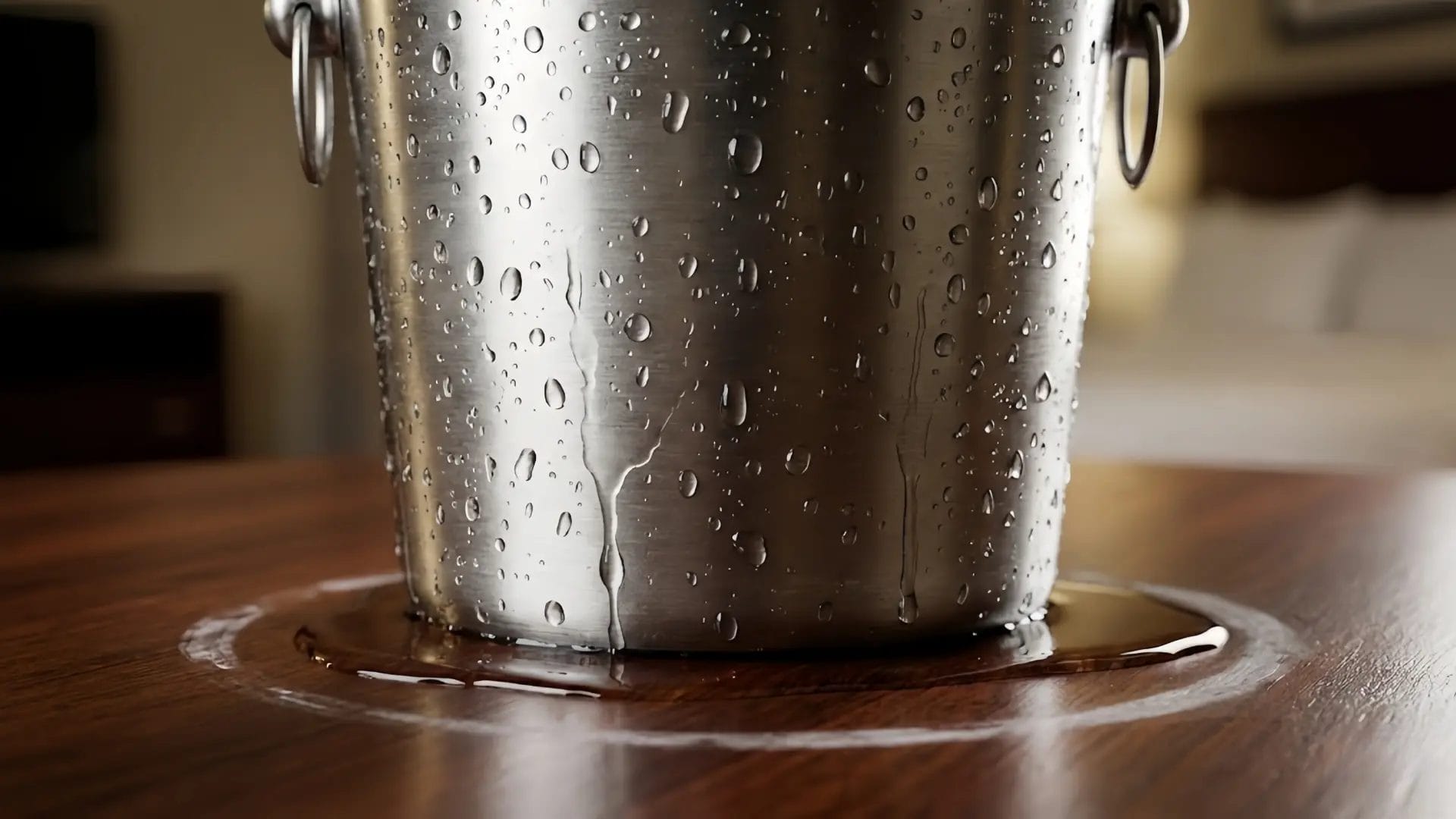 A close-up showing water puddles and rings forming under a sweating single-wall ice bucket on a wooden hotel table.