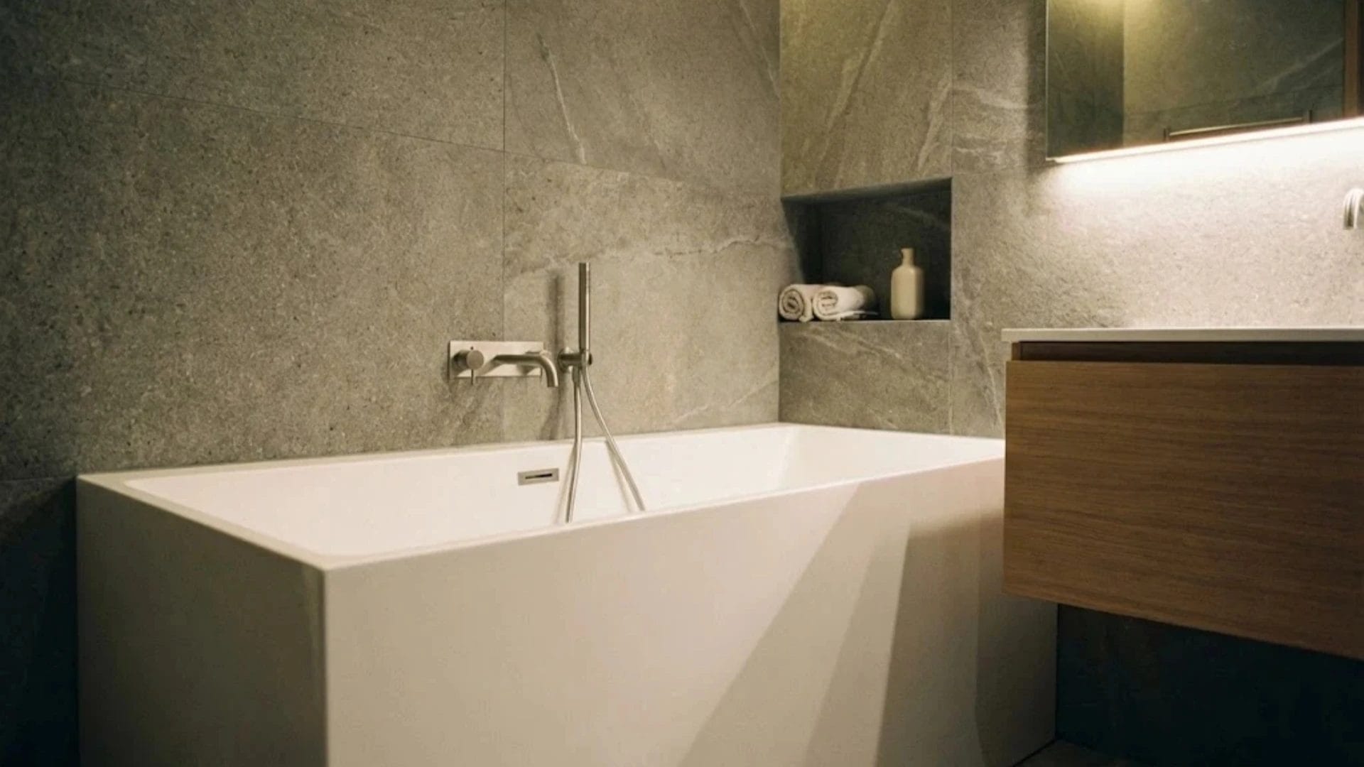 Compact back-to-wall bathtub design for city hotels, maximizing floor space in smaller bathrooms.