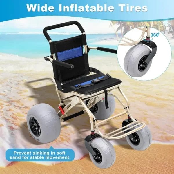 Wide inflatable balloon tires on a beach wheelchair preventing sinking in soft sand, ensuring a smooth and stable ride for resort guests.