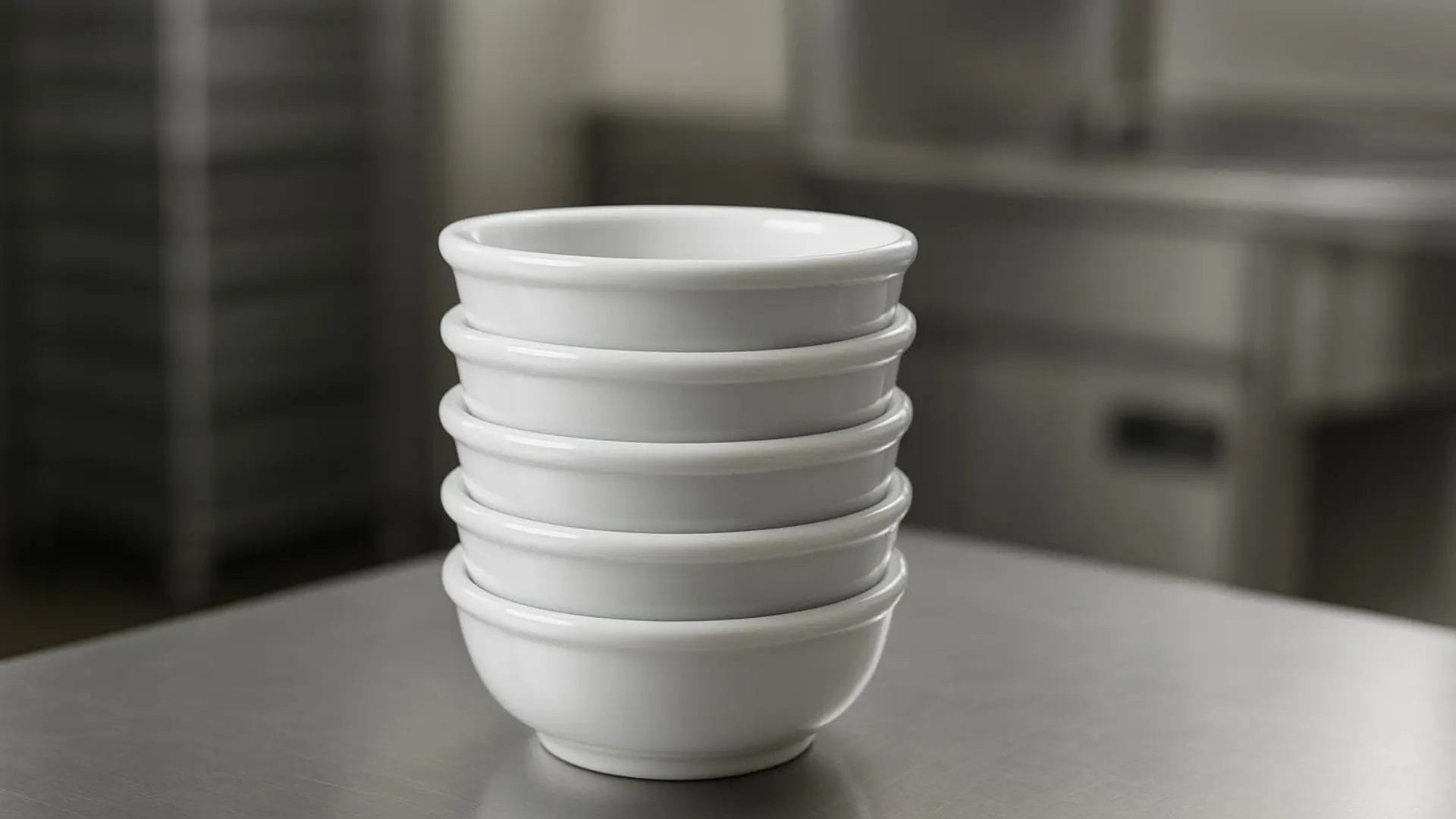 Porcelain sauce bowls with custom hotel logo underglaze printing.