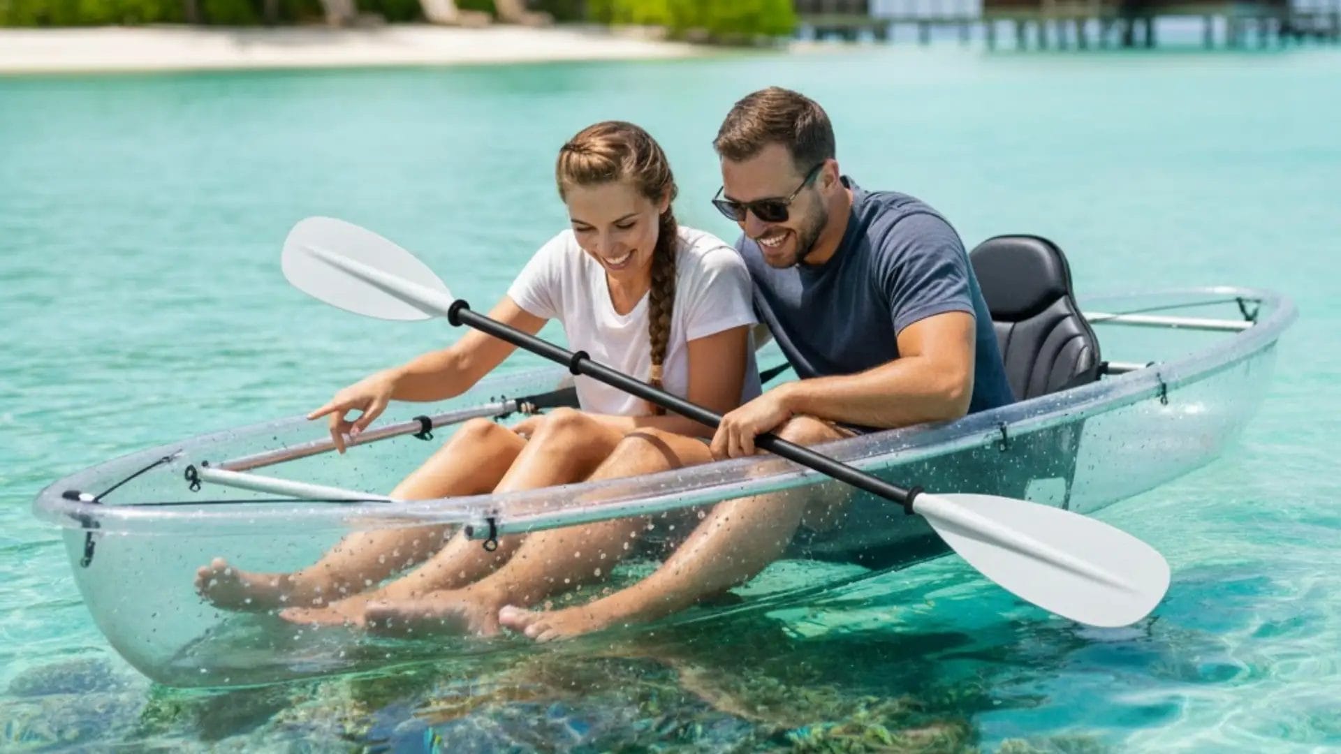 Tandem kayak with transparent hull for couples and families at luxury water resorts.