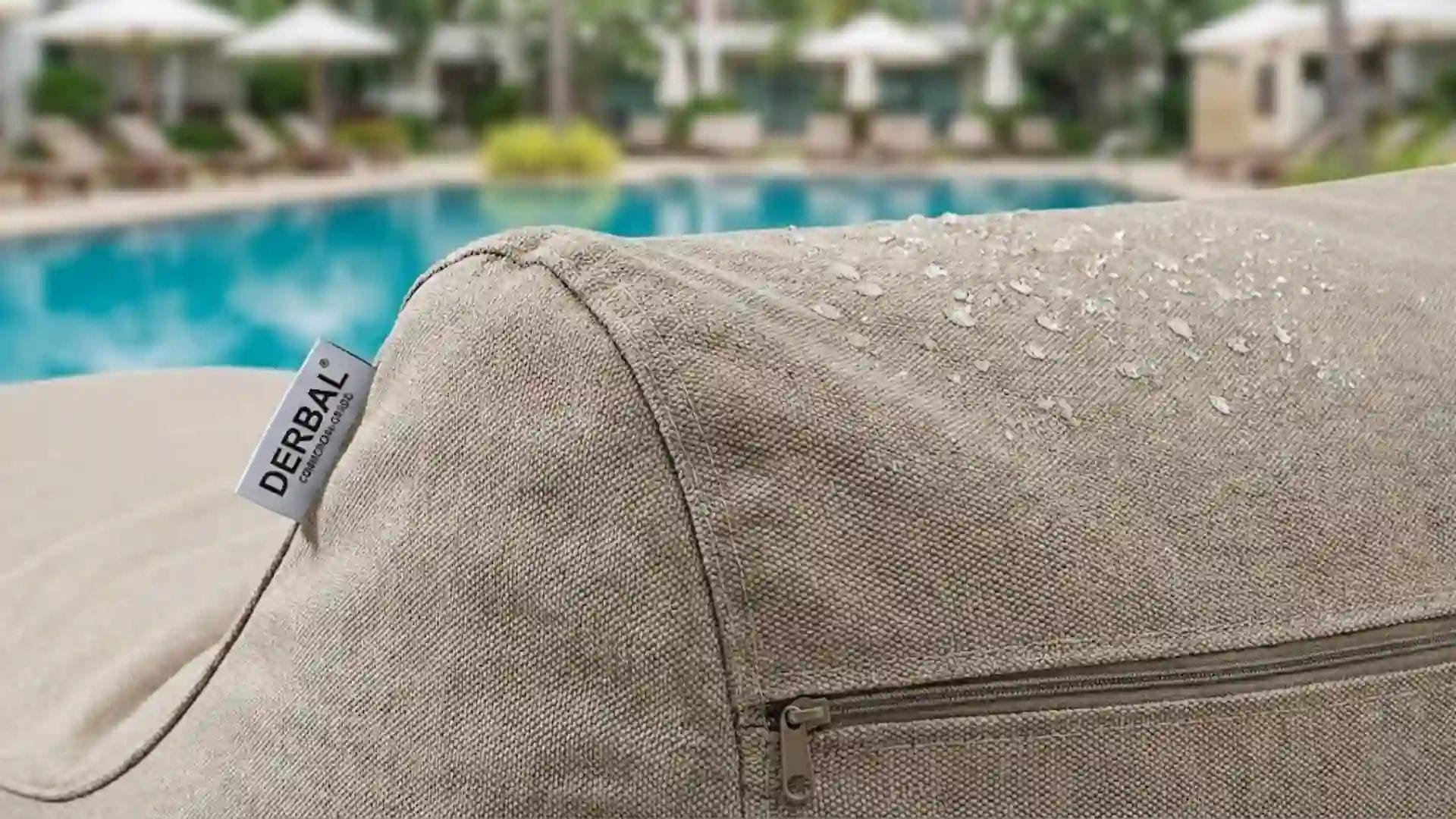 Macro shot showing water droplets beading on the waterproof fabric of a DERBAL commercial bean bag lounger, highlighting reinforced stitching and a durable zipper.