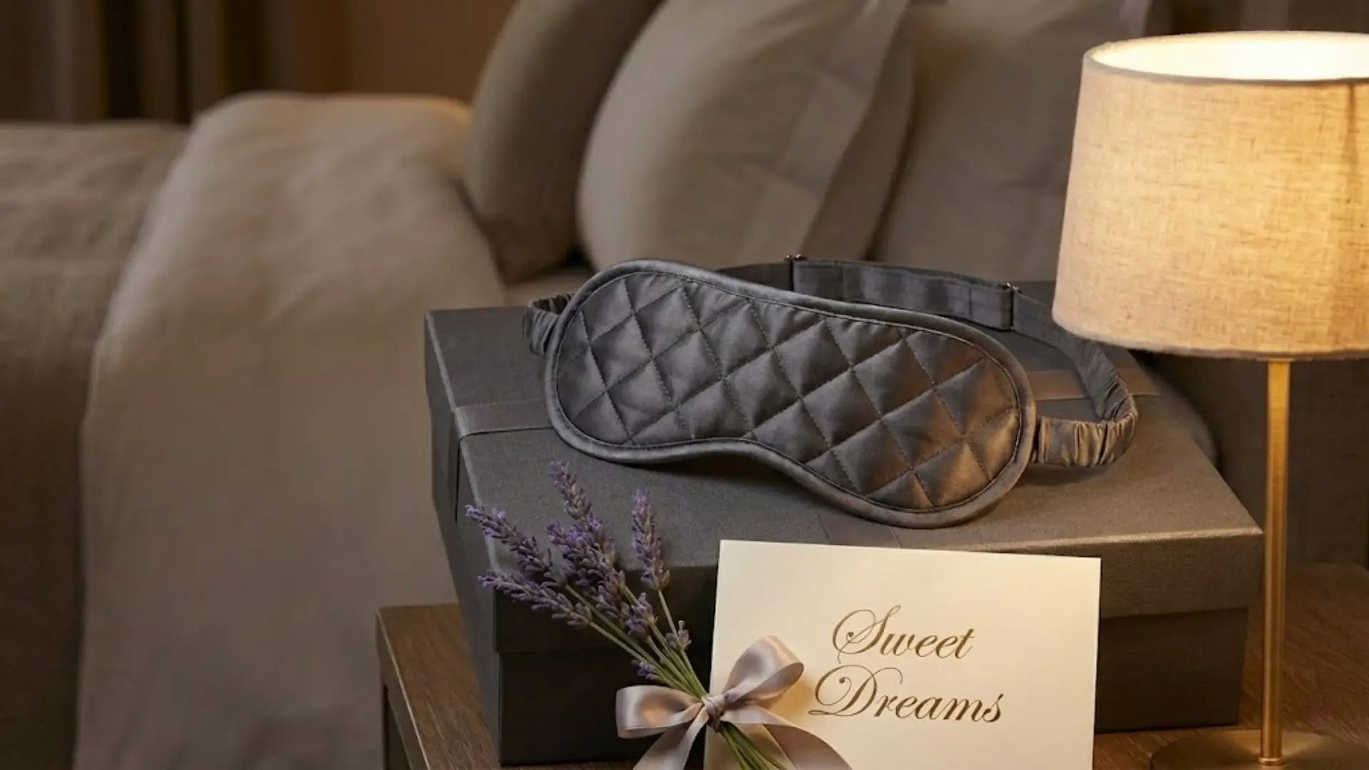 Luxury weighted sleep mask placed on a gift box as part of a hotel VIP turndown service