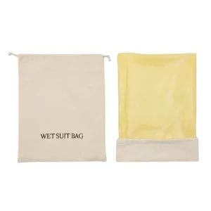 Front of a cotton wet suit bag showing brown embroidery and the internal yellow waterproof PVC lining.
