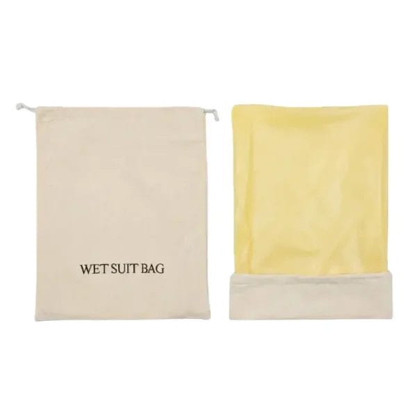 Front of a cotton wet suit bag showing brown embroidery and the internal yellow waterproof PVC lining.
