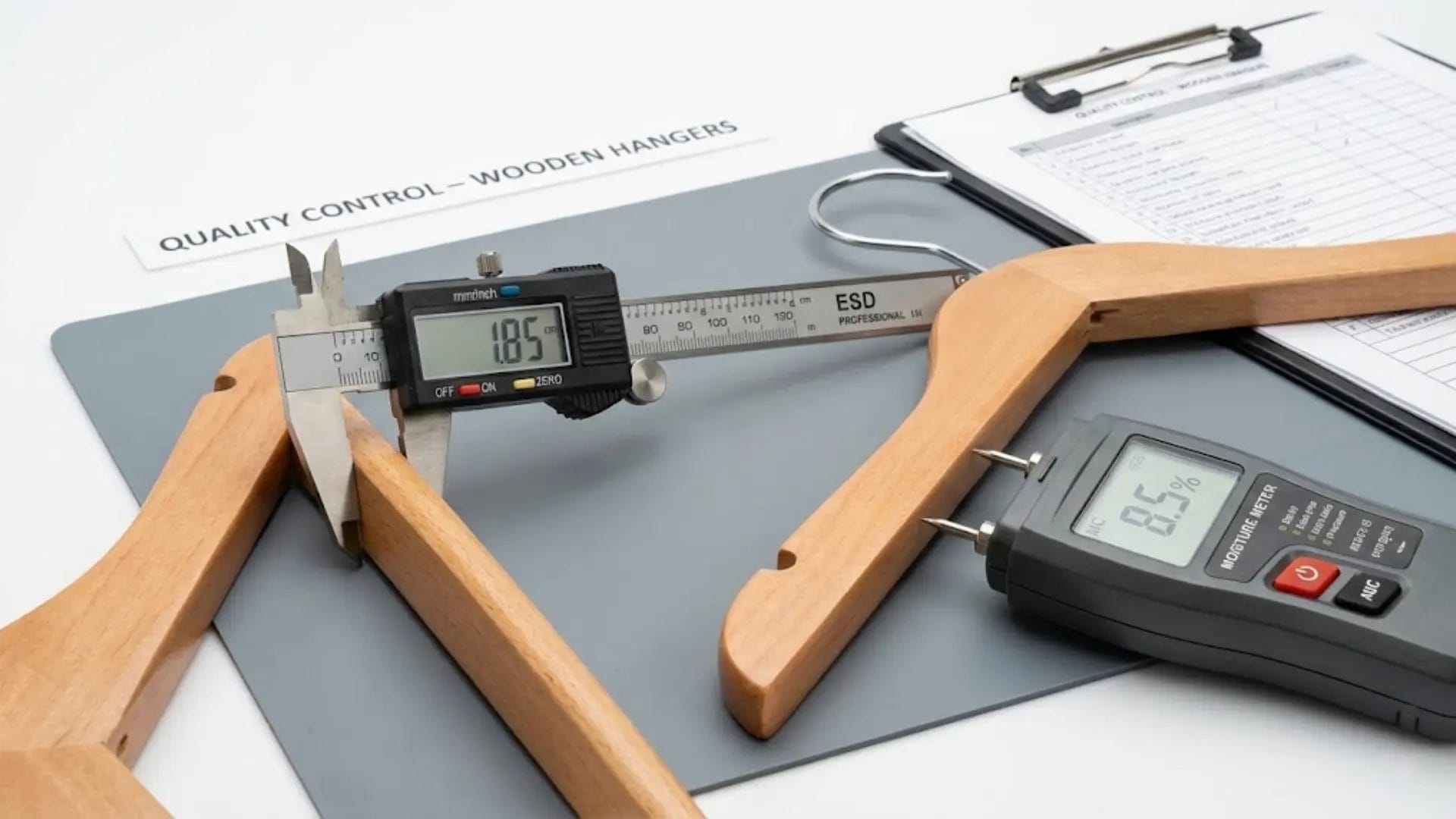 Technical inspection showing caliper measurement and moisture testing of wood clothes hangers.