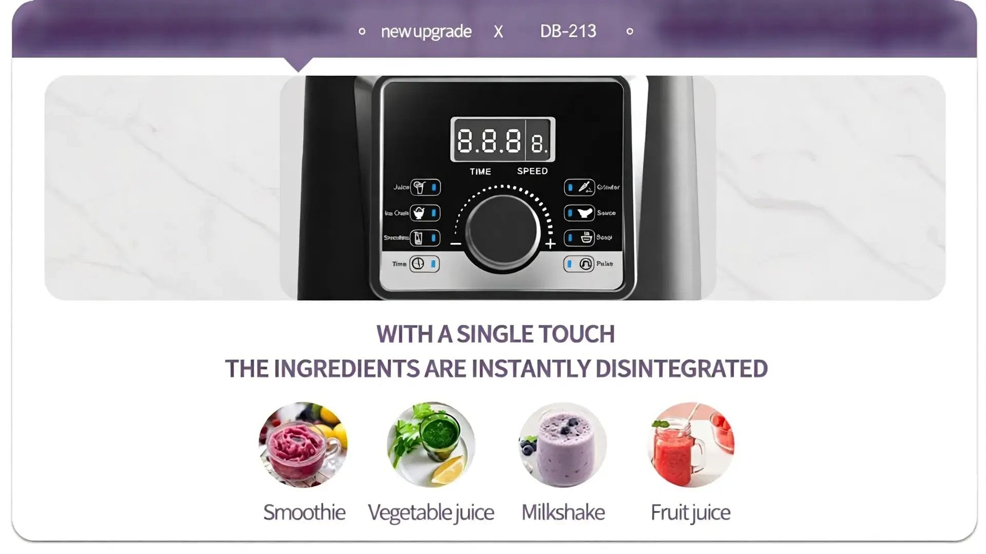Close-up of the DB-213 blender control panel with preset modes for smoothies, milkshakes, and juices.