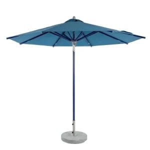 Commercial sun protection umbrella with blue frame and Sunbrella fabric.