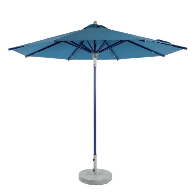 Commercial sun protection umbrella with blue frame and Sunbrella fabric.