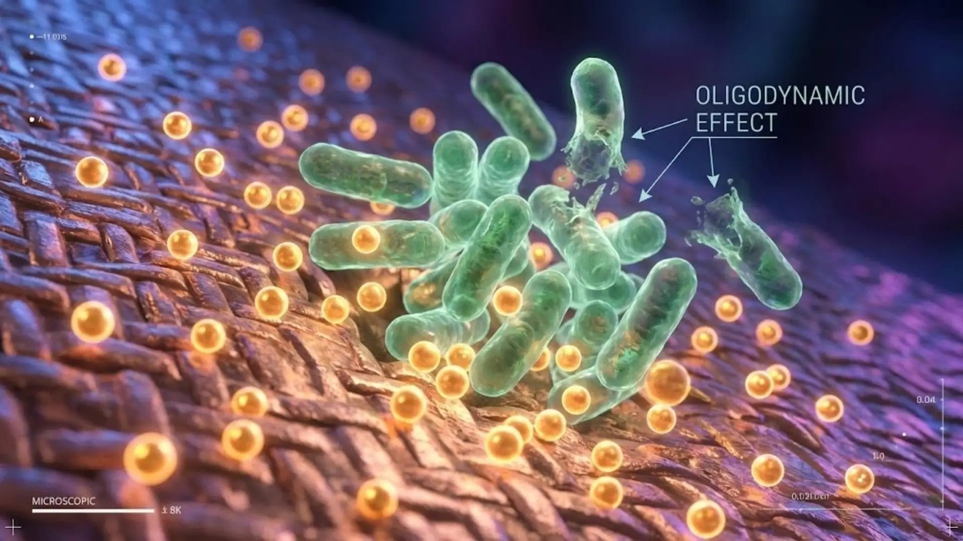 Scientific illustration showing copper ions neutralizing bacteria on antimicrobial spa equipment surfaces.