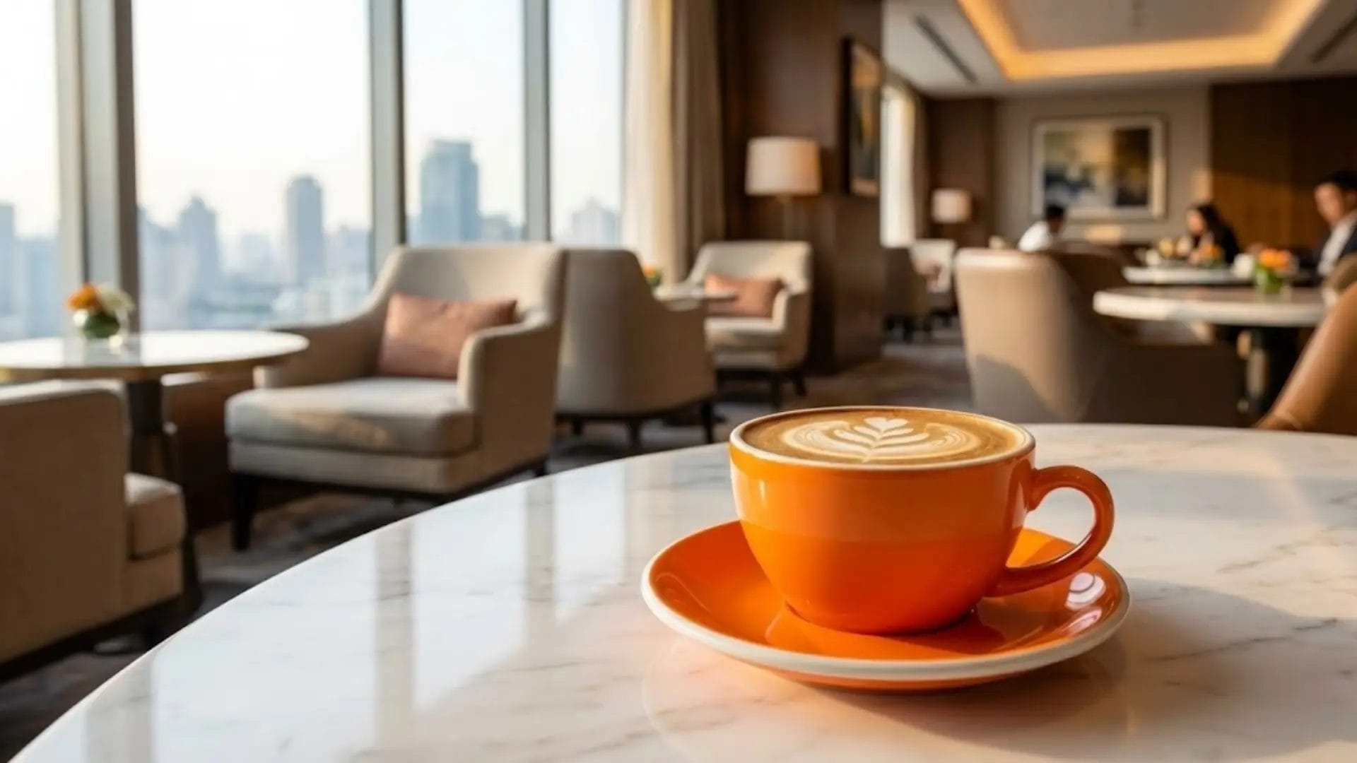 An elegant 280ml vibrant orange porcelain cup and saucer set with a hotel logo, served on a marble table in an executive lounge.