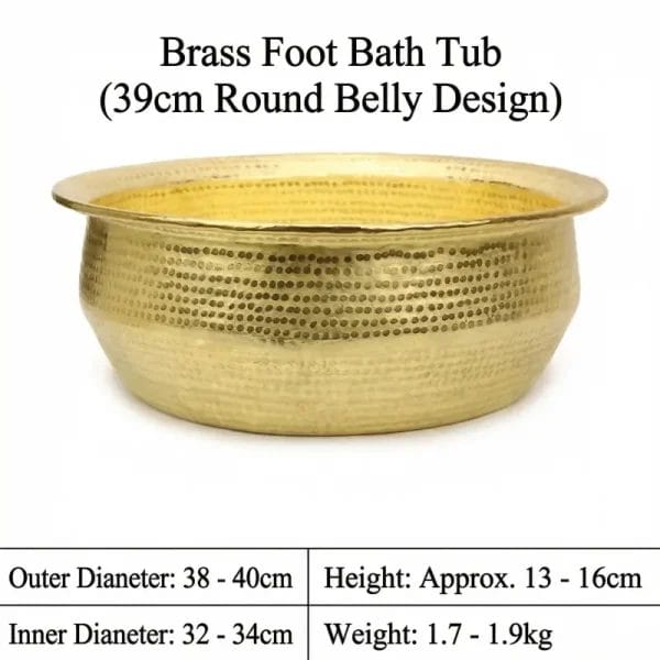 Durable brass copper pedicure bowl, 39cm outer diameter, hand-hammered texture, perfect for portable spa use