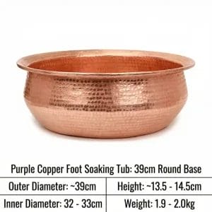 Hand-hammered purple copper pedicure bowl, 39cm outer diameter, ideal for standard spa rituals, EPA-registered antimicrobial surface