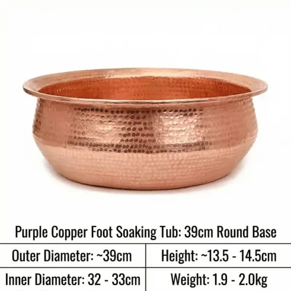 Hand-hammered purple copper pedicure bowl, 39cm outer diameter, ideal for standard spa rituals, EPA-registered antimicrobial surface