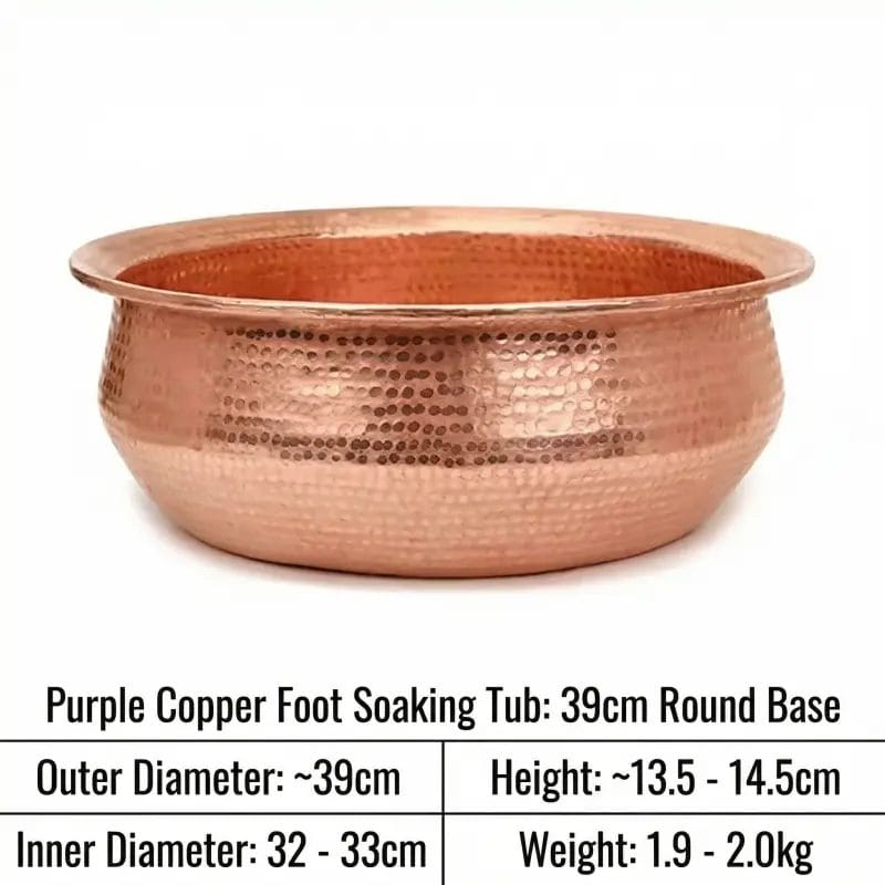Hand-hammered purple copper pedicure bowl, 39cm outer diameter, ideal for standard spa rituals, EPA-registered antimicrobial surface
