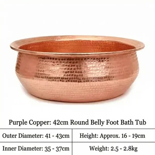 Premium purple copper pedicure bowl, 42cm outer diameter, seamless design, customizable drainage options for resort spas