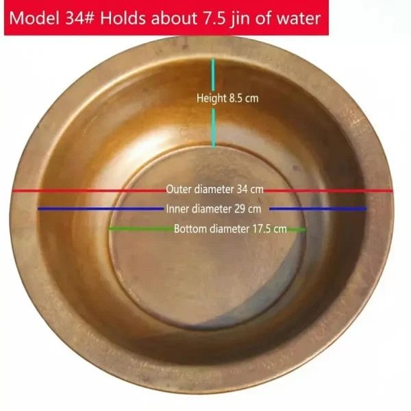 Top view of Model 34# brass foot soaking basin showing 34cm outer diameter and 8.5cm height for hotel spas.