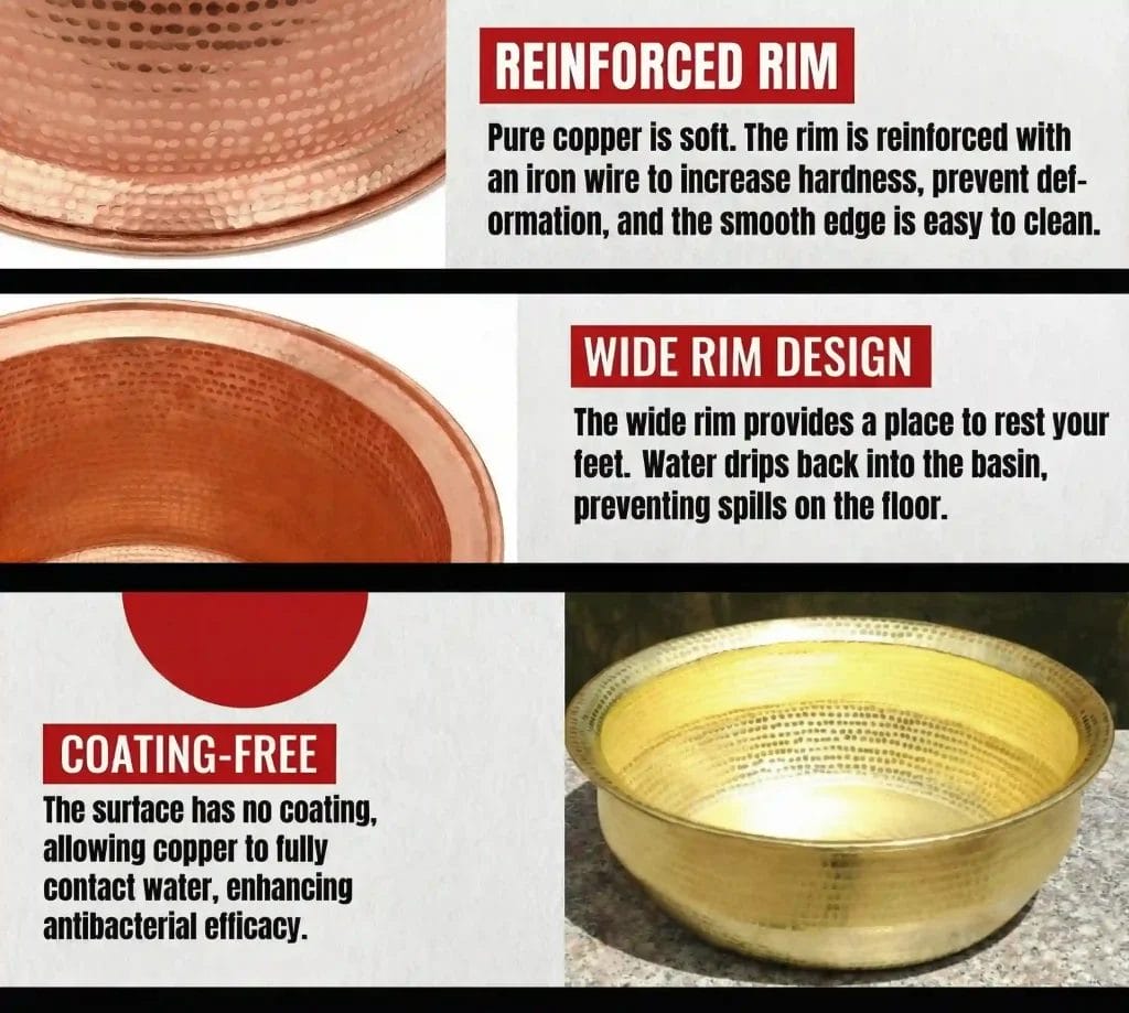 Copper pedicure bowl features: reinforced rim with iron wire, wide spill-proof rim, and coating-free surface for maximum antibacterial efficacy