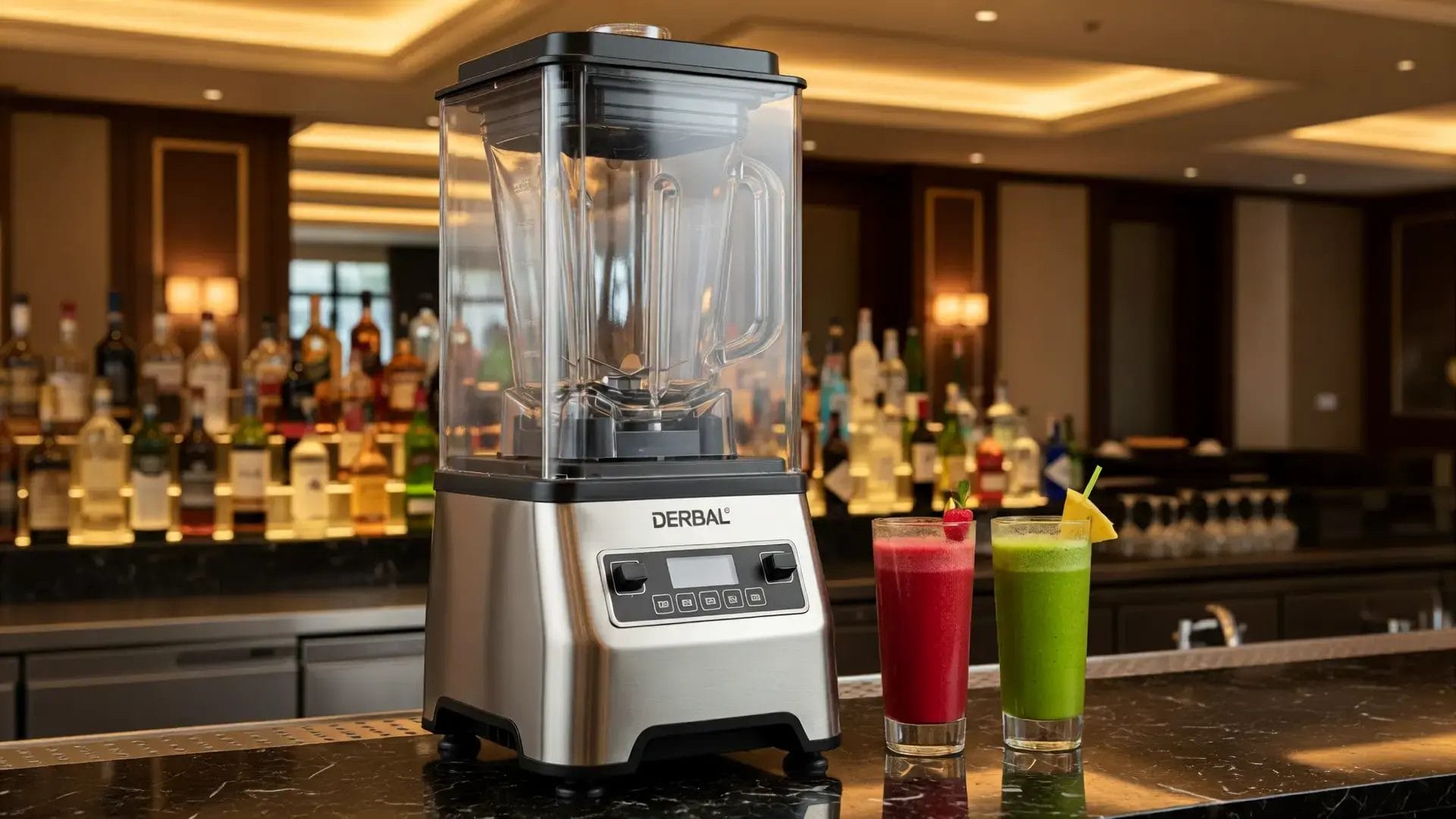 DERBAL commercial blender with sound enclosure in a luxury hotel bar with red and green smoothies.
