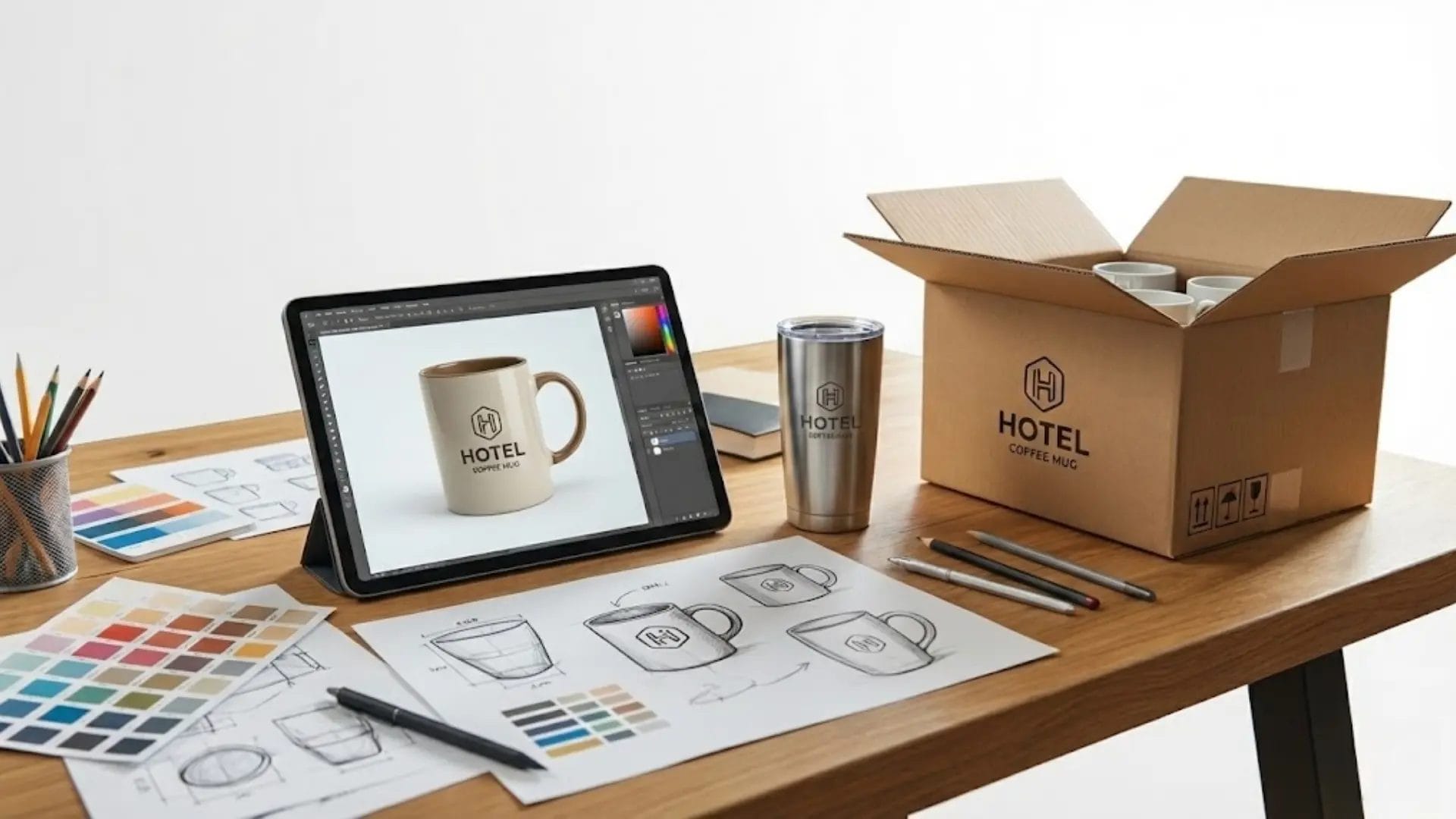 A digital brand mockup on a tablet next to a finished 300ml stainless steel mug sample and DERBAL branded shipping box.