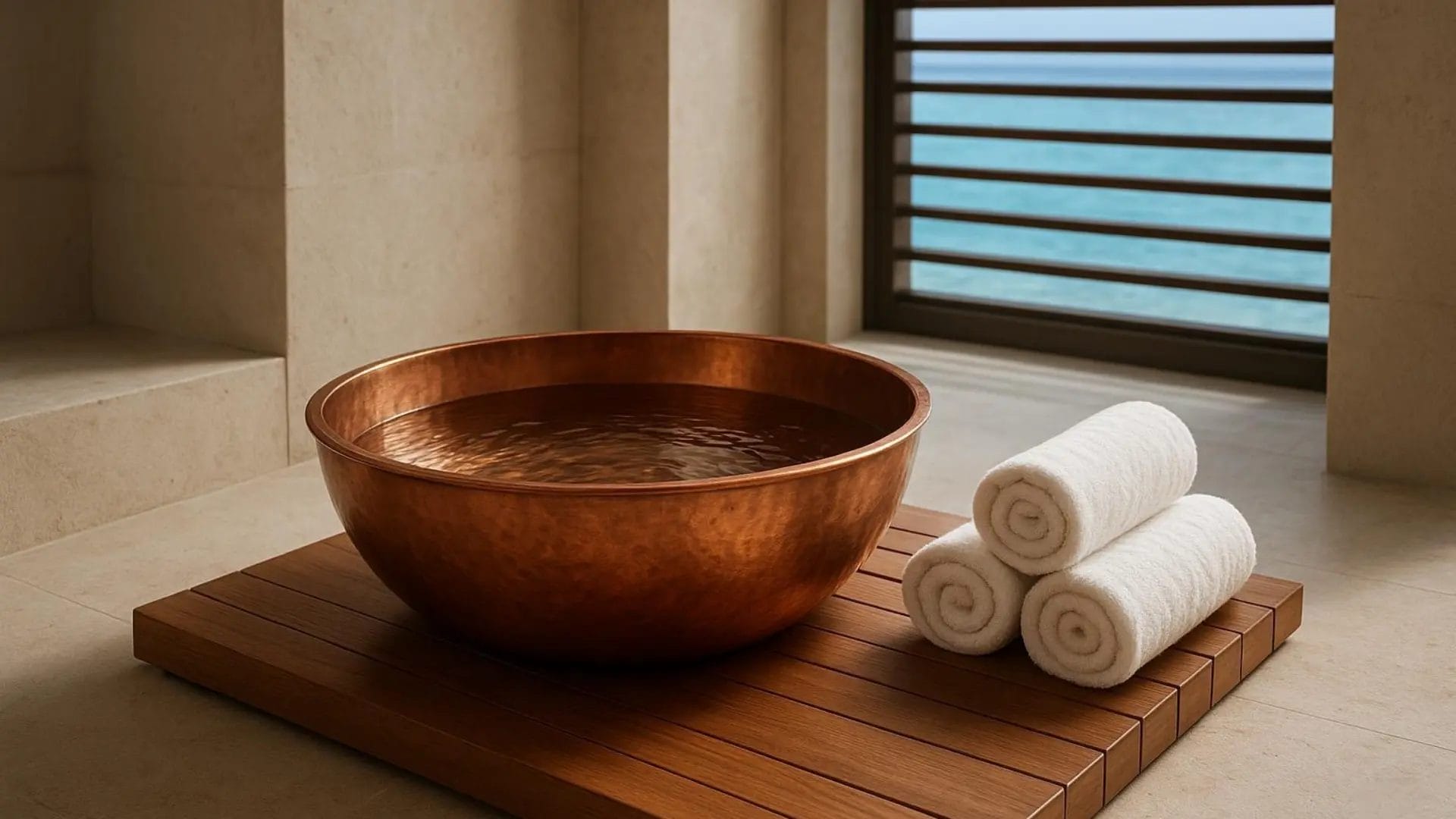 Hand-hammered copper pedicure bowl in a luxury Maldives resort spa at sunset, with ocean view, white rolled towels, and warm ambient lighting