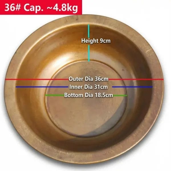 36cm solid brass pedicure bowl with detailed measurements including 9cm height and 4.8kg water capacity.