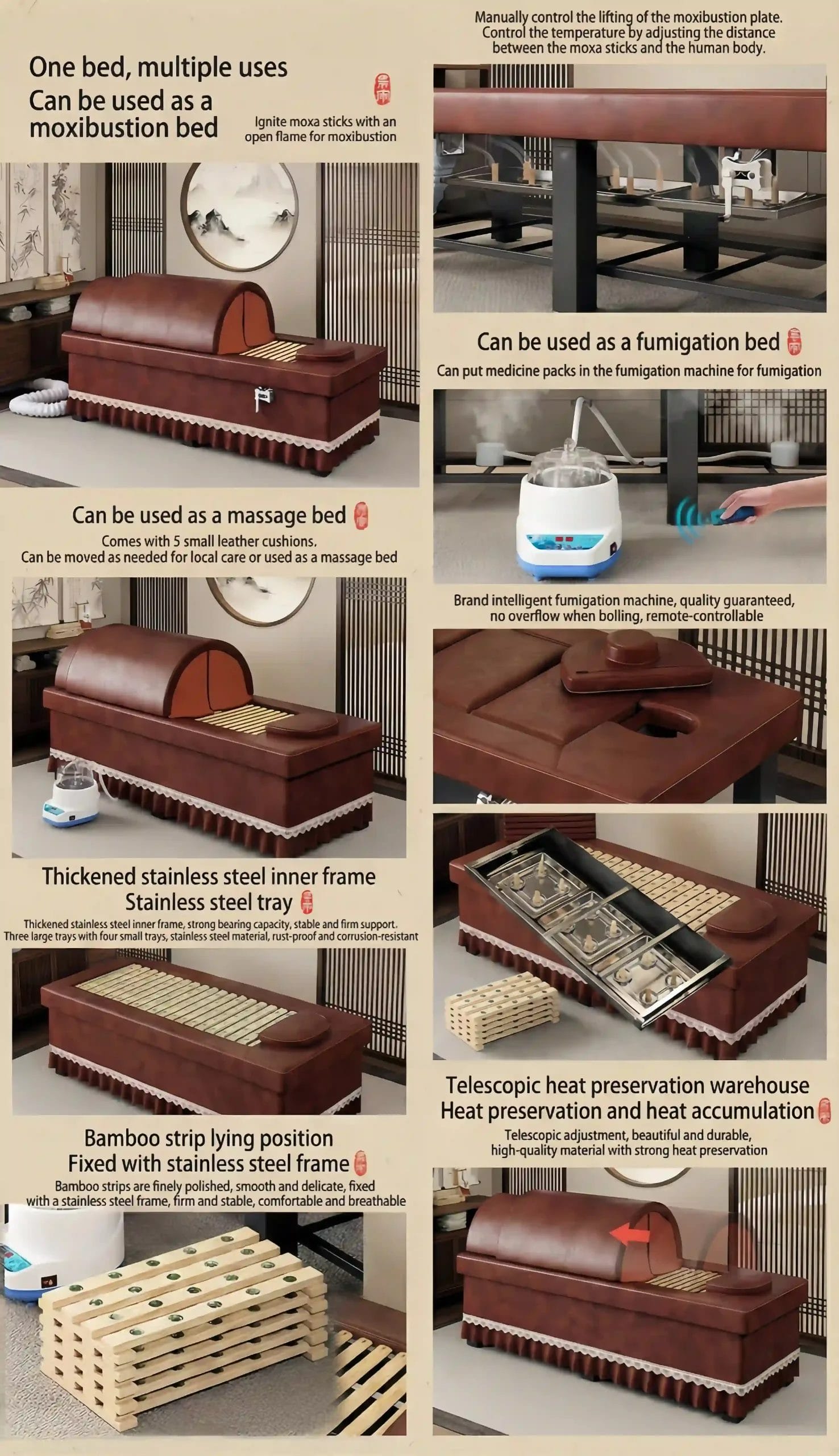 Infographic showing the key features and structure of the DERBAL herbal steam spa bed.